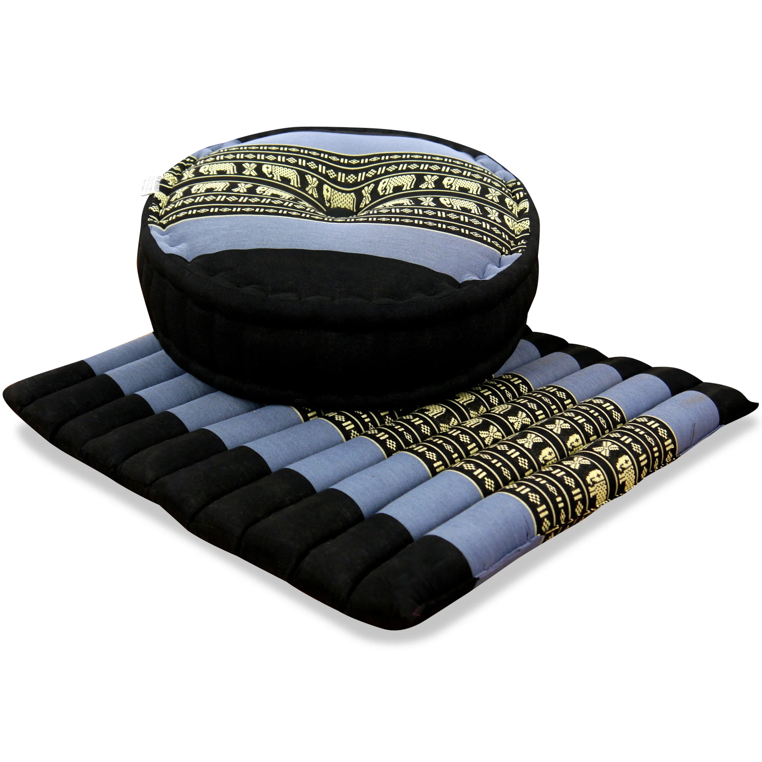 Zafu-Stepp-2016-blau-Elefanten_frei Kapok Meditation Cushion Set L